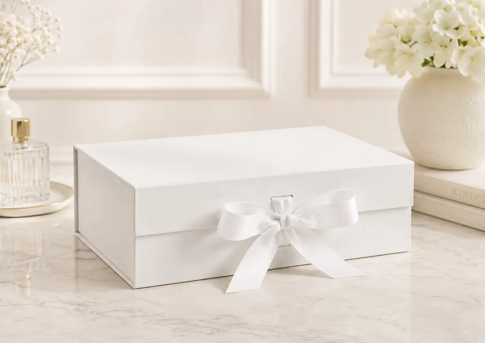 Caixa de presente dobrável off-white, tamanho G, com acabamento liso e fechamento em laço de cetim