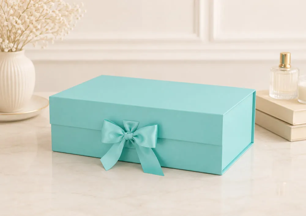 Caixa de presente dobrável tamanho M, 33×25×12 cm, com fechamento em laço de cetim