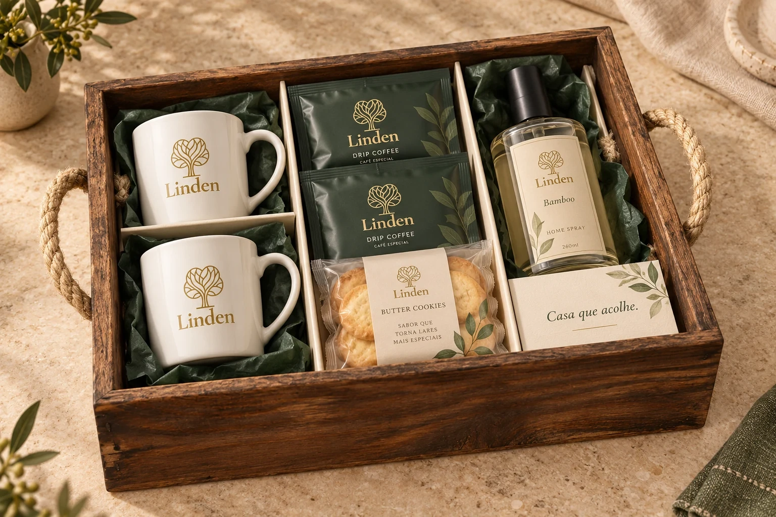 Casa que acolhe · kit completo Linden em Bandeja retangular rústica · alças de sisal