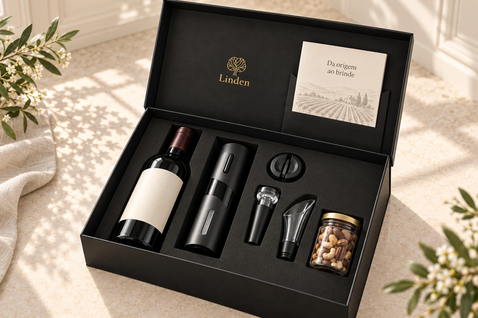 Kit de vinho completo em caixa cartonada Linden, com abridor, castanhas e cartão