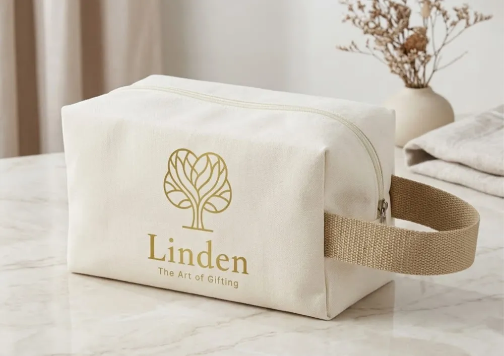 Necessaire em nylon bege, 30×40 cm, com alça lateral