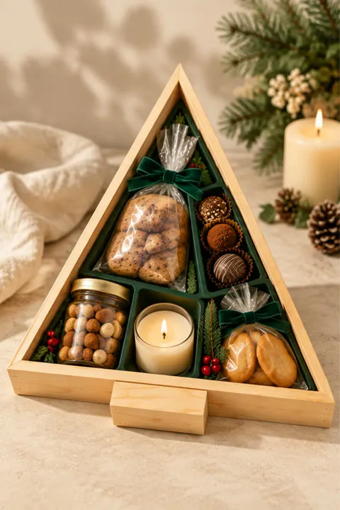 Caixa em madeira pinus natural no formato de árvore de Natal
