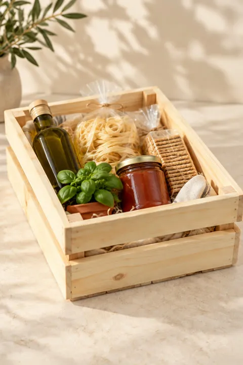 Caixote estilo feira em madeira pinus natural com laterais ripadas