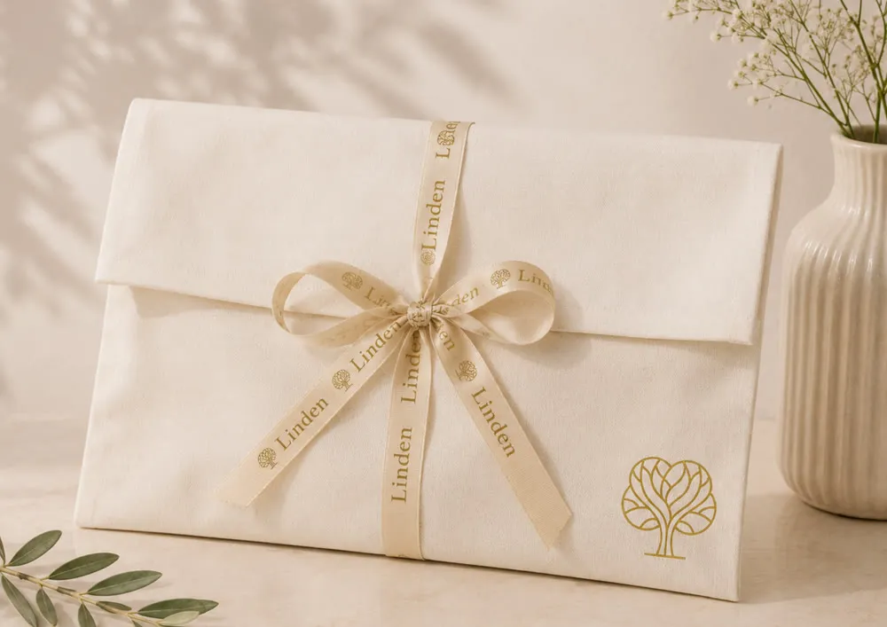 Sleeve bag em algodão no formato de envelope, fechado com fita de cetim